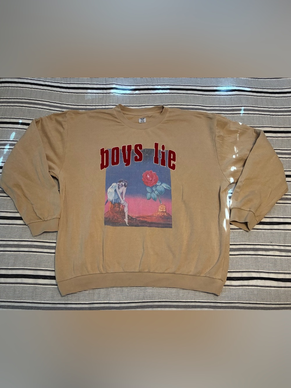 Boys Lie Tan Graphic Sweatshirt with Red Lettering